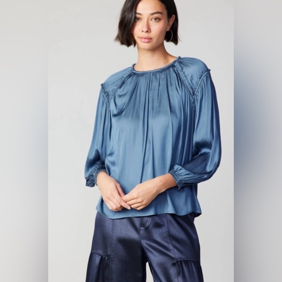 Current Air Slate Blue Ruffle Detail Pleated Satin Blouse Office Stylish Classic - Picture 2 of 11